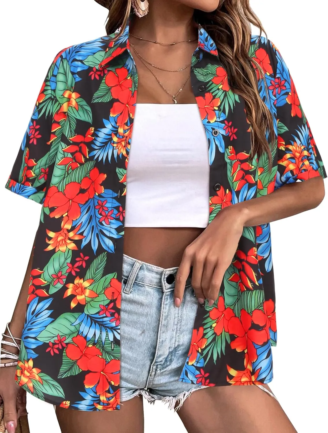 Zeagoo Womens Hawaiian Button Down Shirts Short Sleeve Casual Floral Tropical Shirt Summer Beach Shirt Cool Button Up Tops