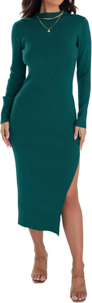 ZESICA Women's 2025 Ribbed Knit Dress Long Sleeve Mock Neck Slim Fit Side Slit Spring Elegant Sweater Dresses